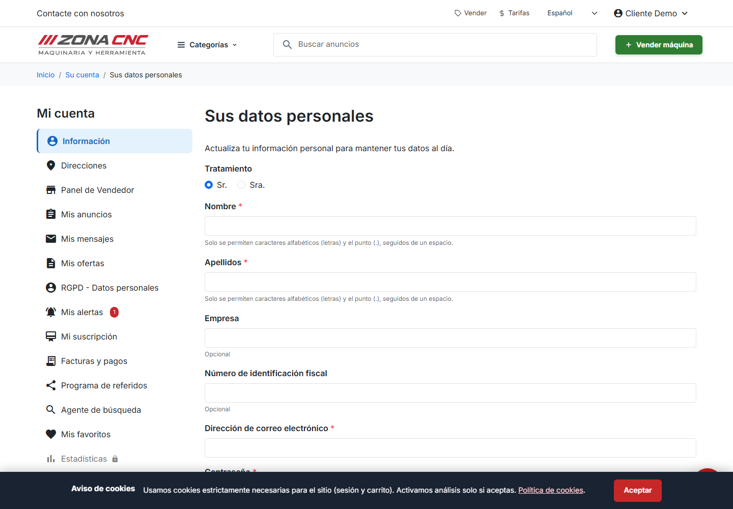 Pantalla de datos personales de tu cuenta
