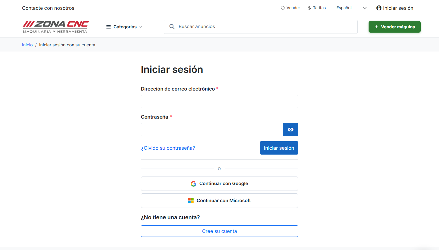 Pantalla de inicio de sesión de ZonaCNC con email, contraseña y acceso con Google o Microsoft