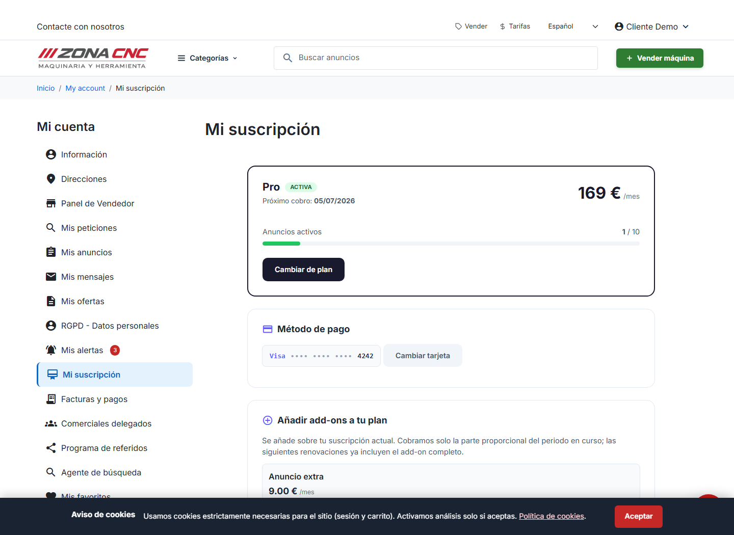Pantalla «Mi suscripción»