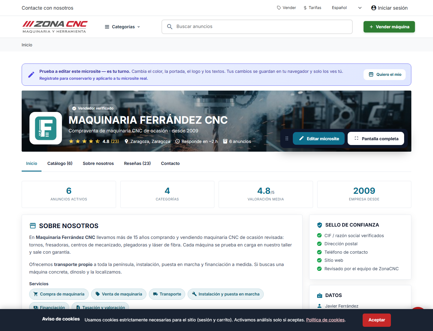 El microsite (perfil público) de un vendedor en ZonaCNC