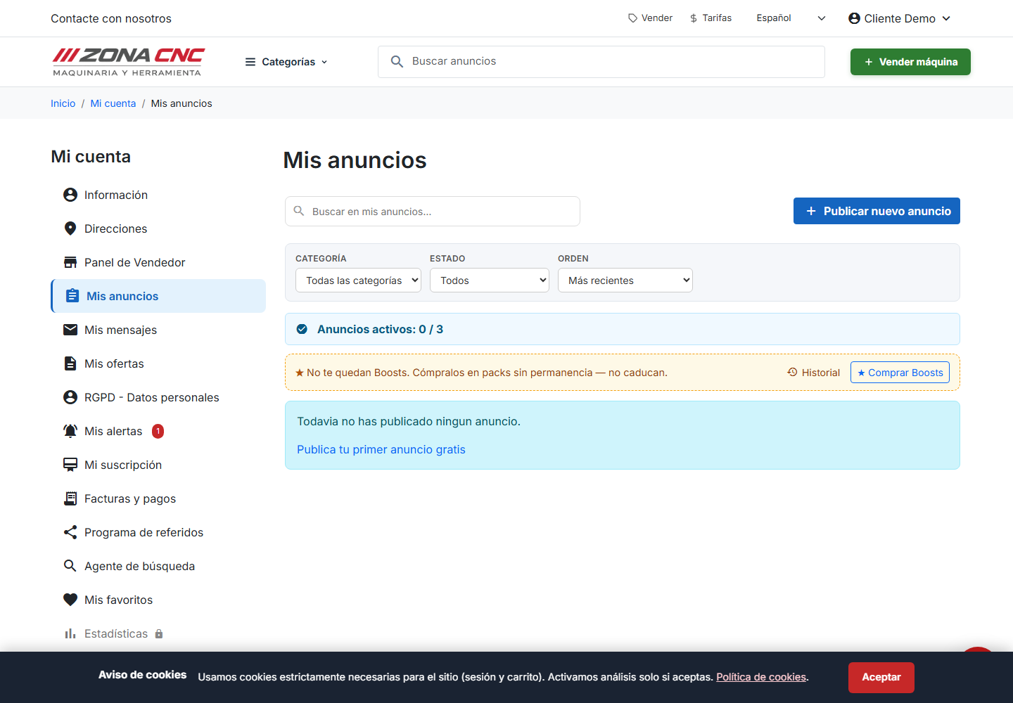 Pantalla «Mis anuncios»