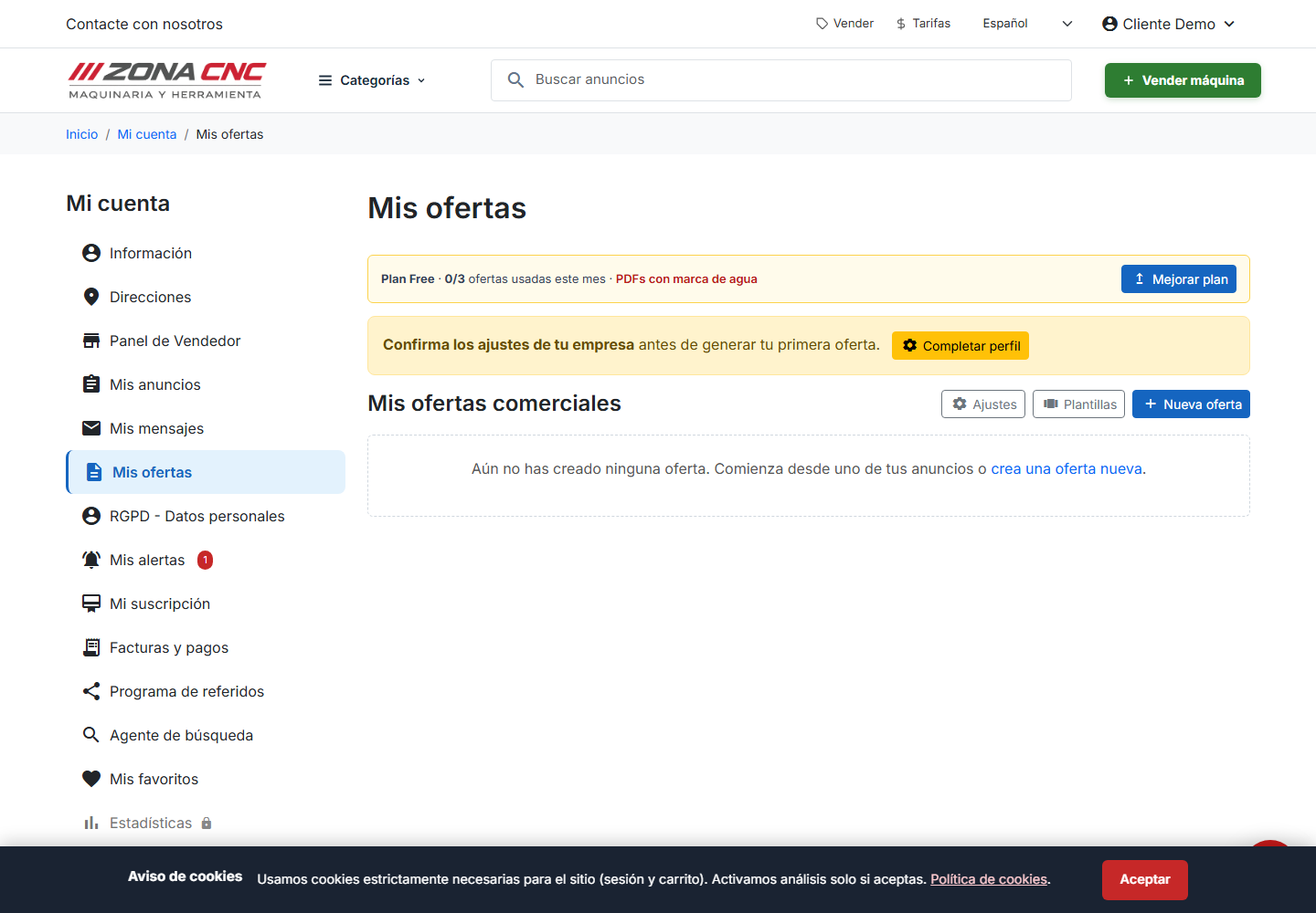 Sección «Mis ofertas»