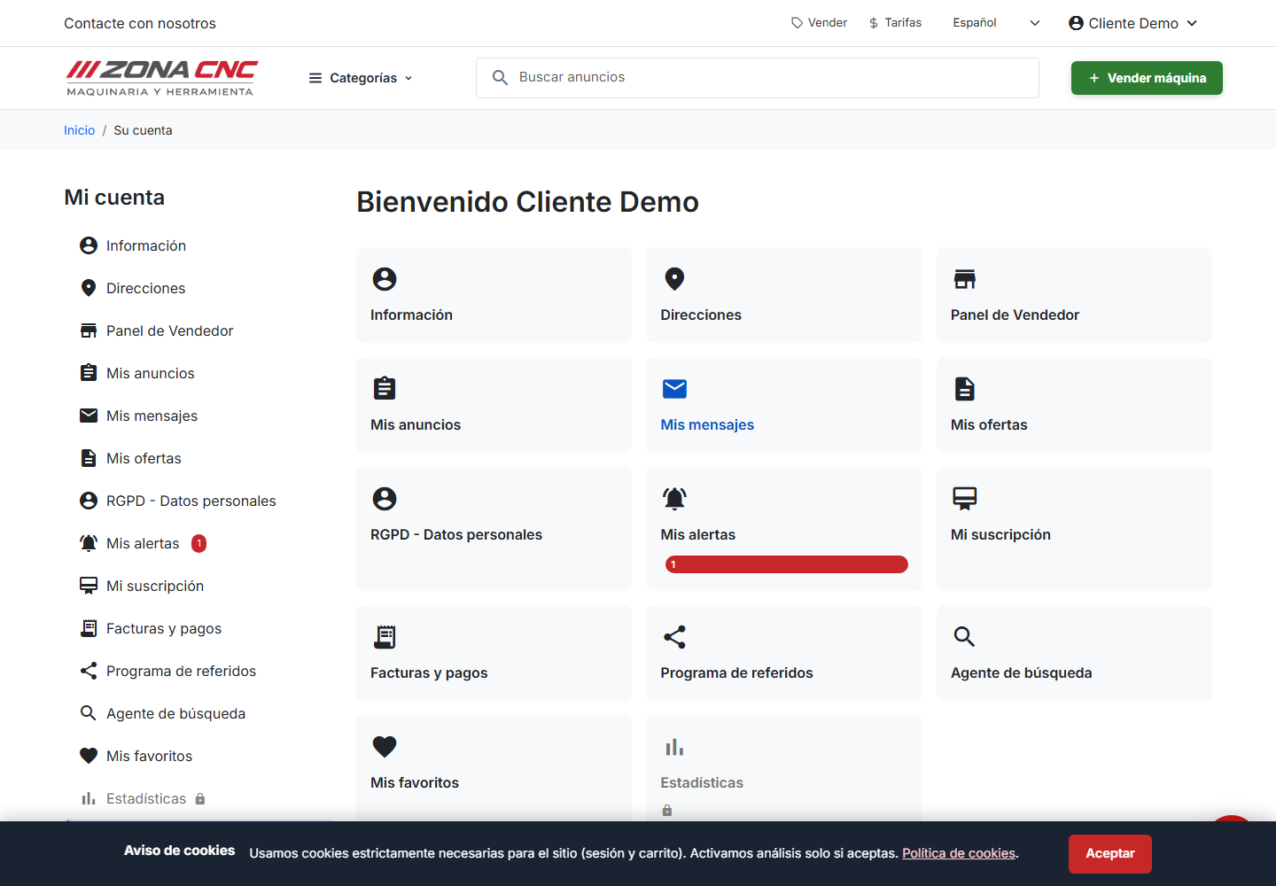 Panel «Mi cuenta» de ZonaCNC con todas sus secciones