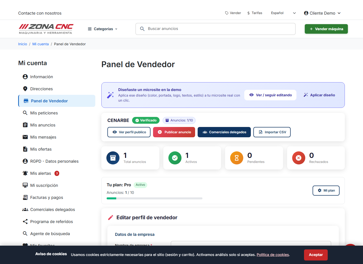 Panel de Vendedor en ZonaCNC