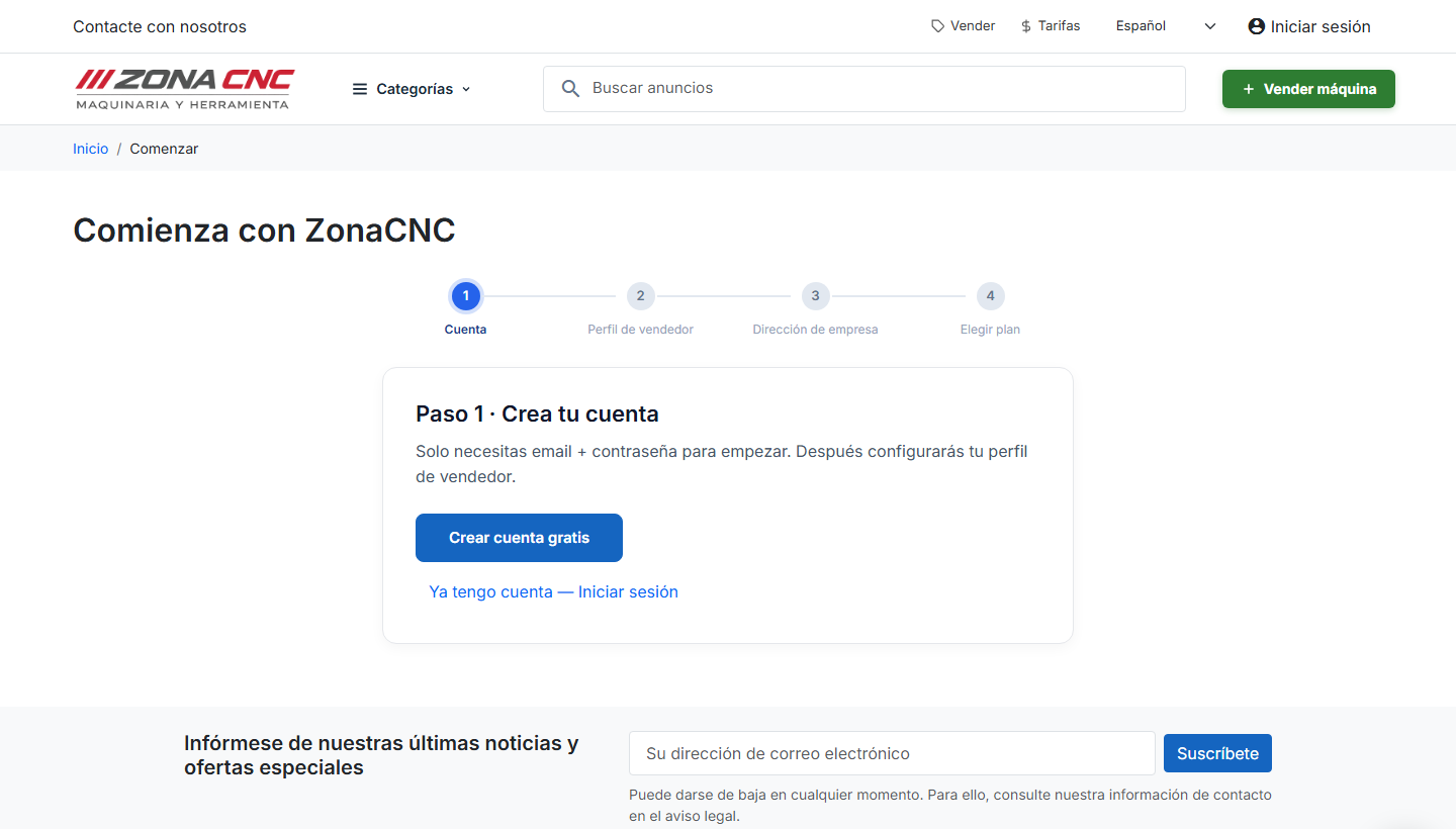 Pantalla de registro de ZonaCNC con opciones de email y acceso con Google o Microsoft