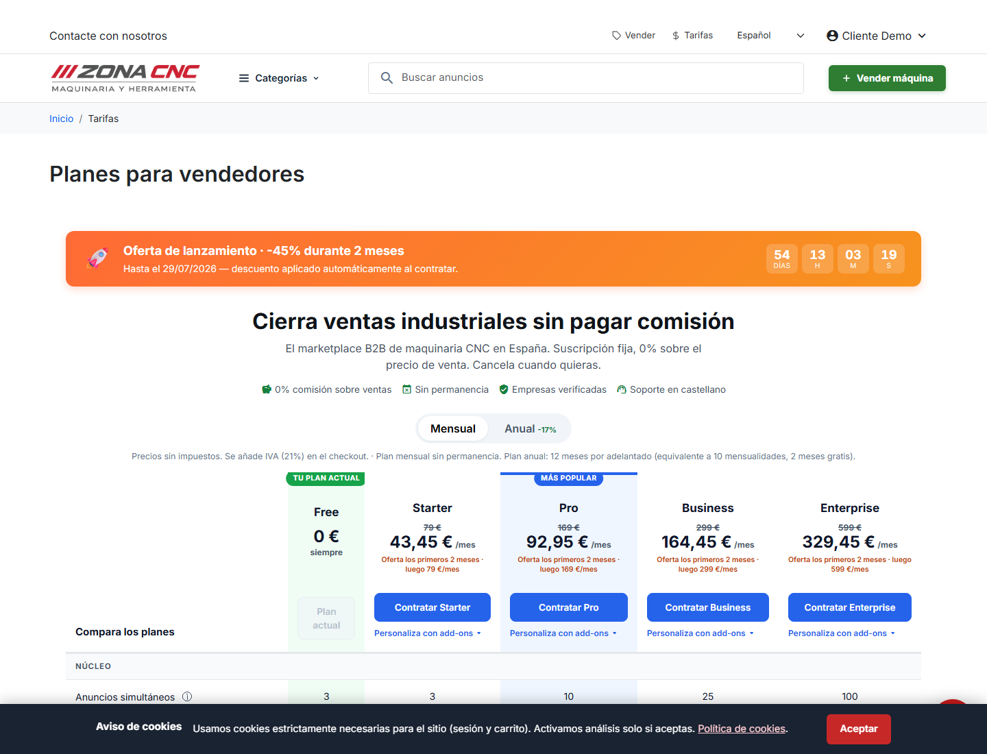 Página de Tarifas con los planes